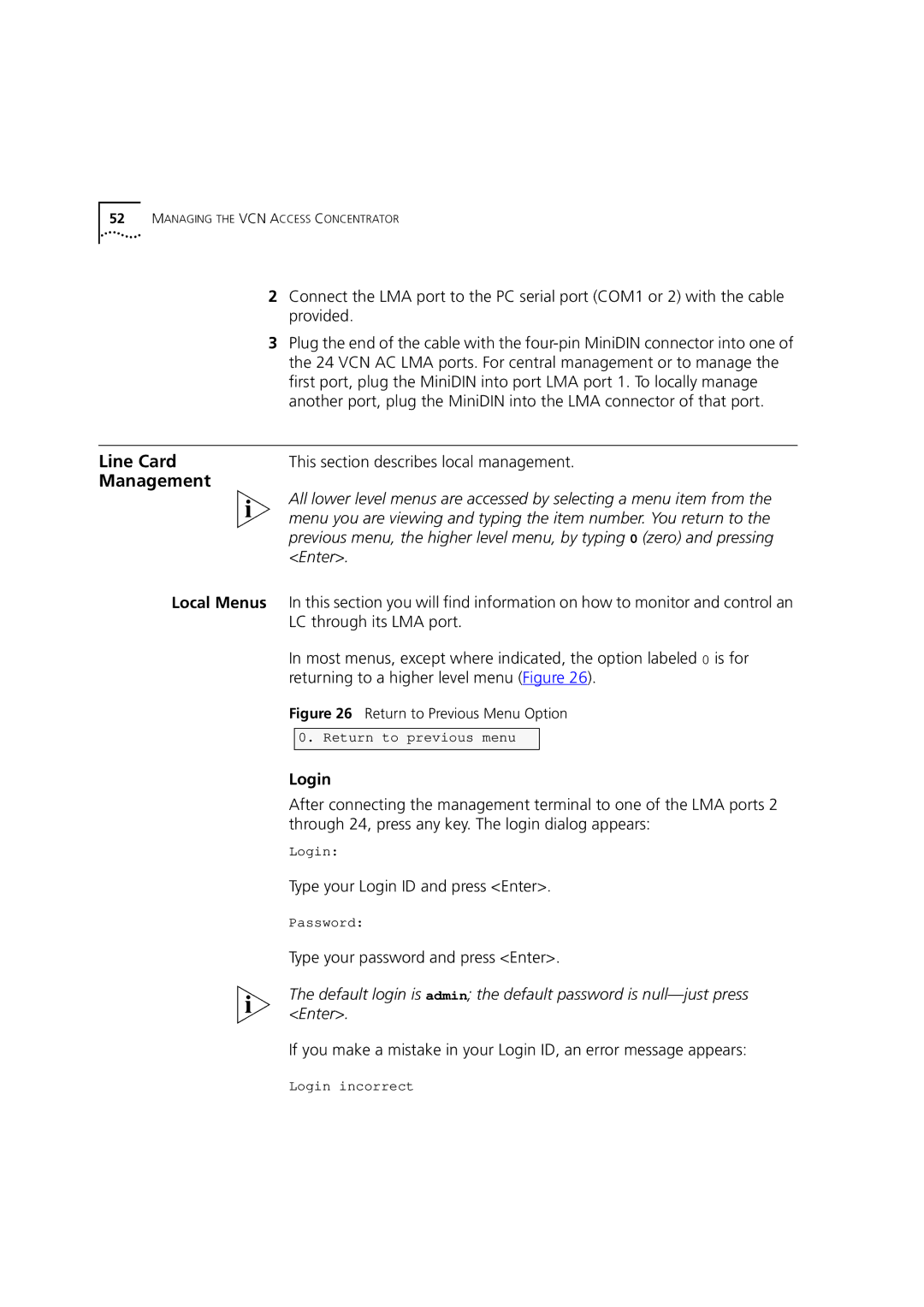 3Com DSA-3CV1100-02 service manual Line CardThis section describes local management, Type your Login ID and press Enter 