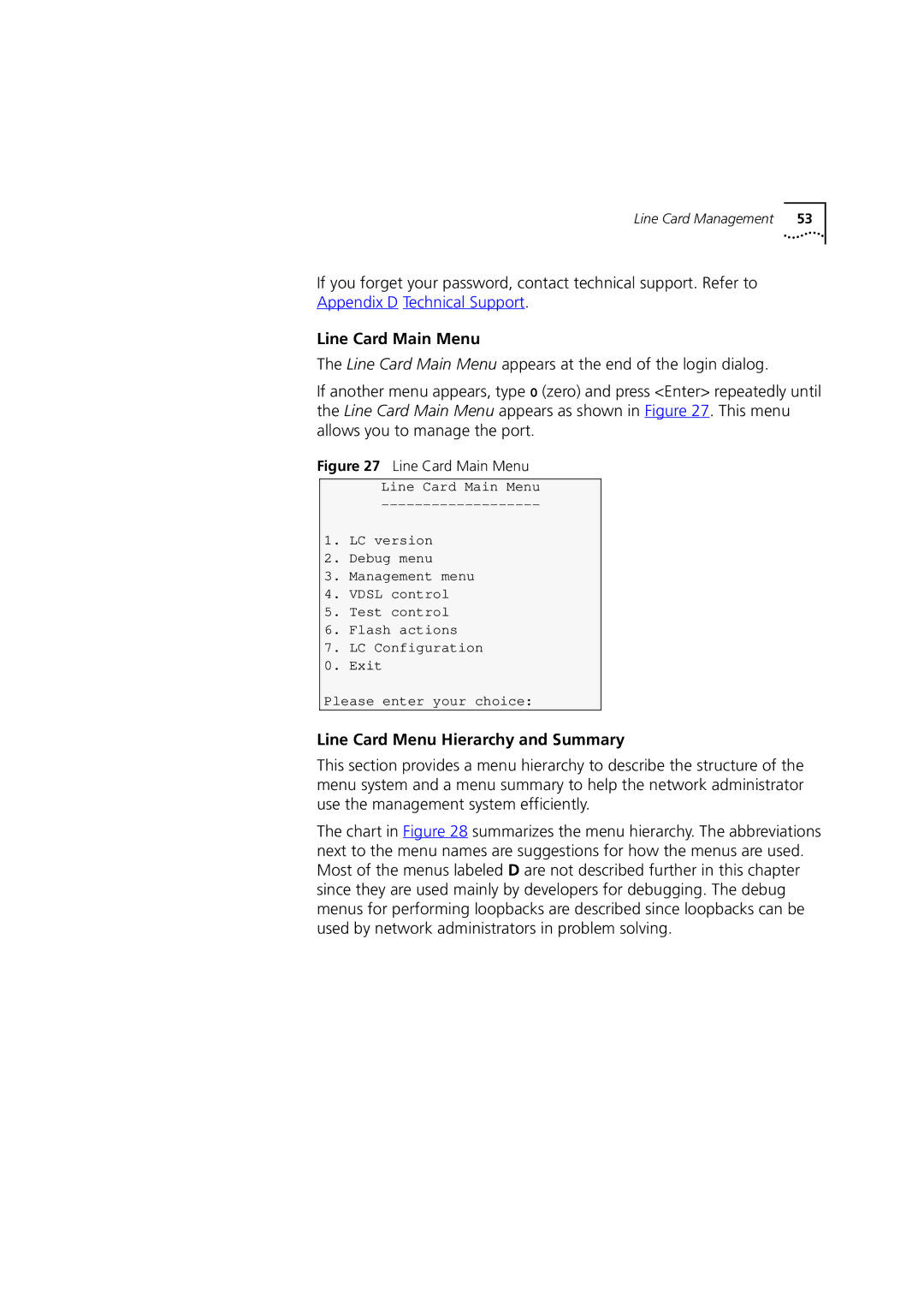 3Com DSA-3CV1100-02 service manual Line Card Main Menu, Line Card Menu Hierarchy and Summary 