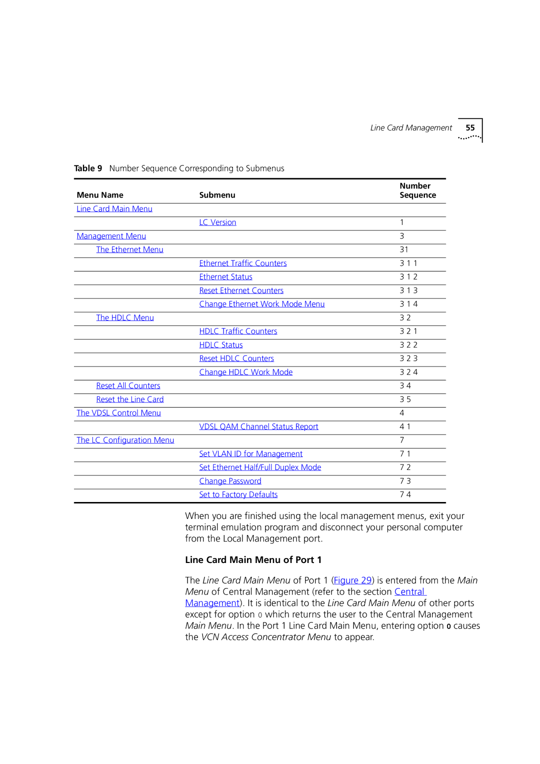 3Com DSA-3CV1100-02 service manual Line Card Main Menu of Port, Number Sequence Corresponding to Submenus 