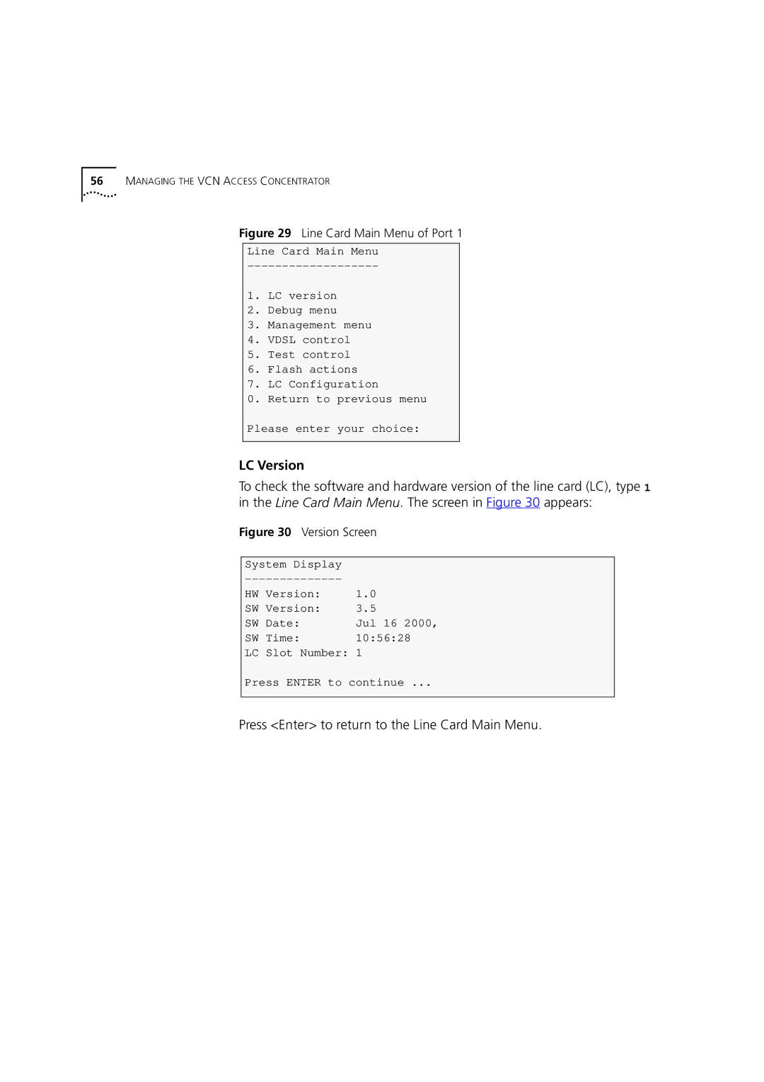 3Com DSA-3CV1100-02 service manual LC Version, Press Enter to return to the Line Card Main Menu 