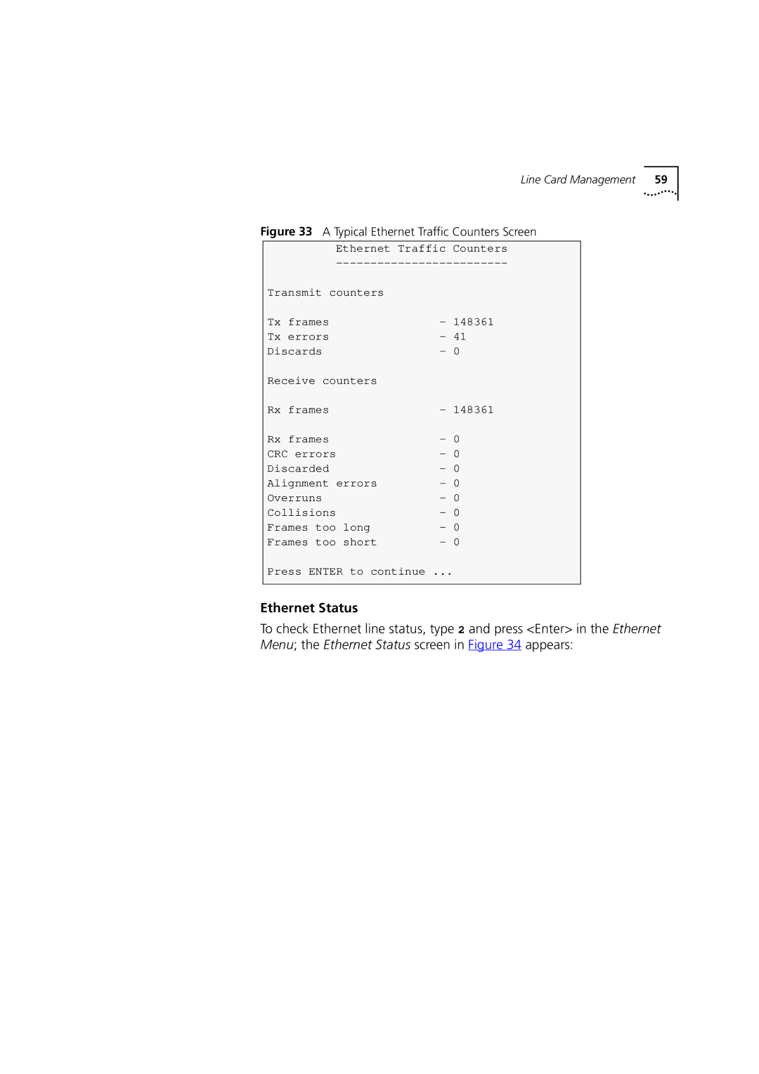 3Com DSA-3CV1100-02 service manual Ethernet Status, Typical Ethernet Traffic Counters Screen 