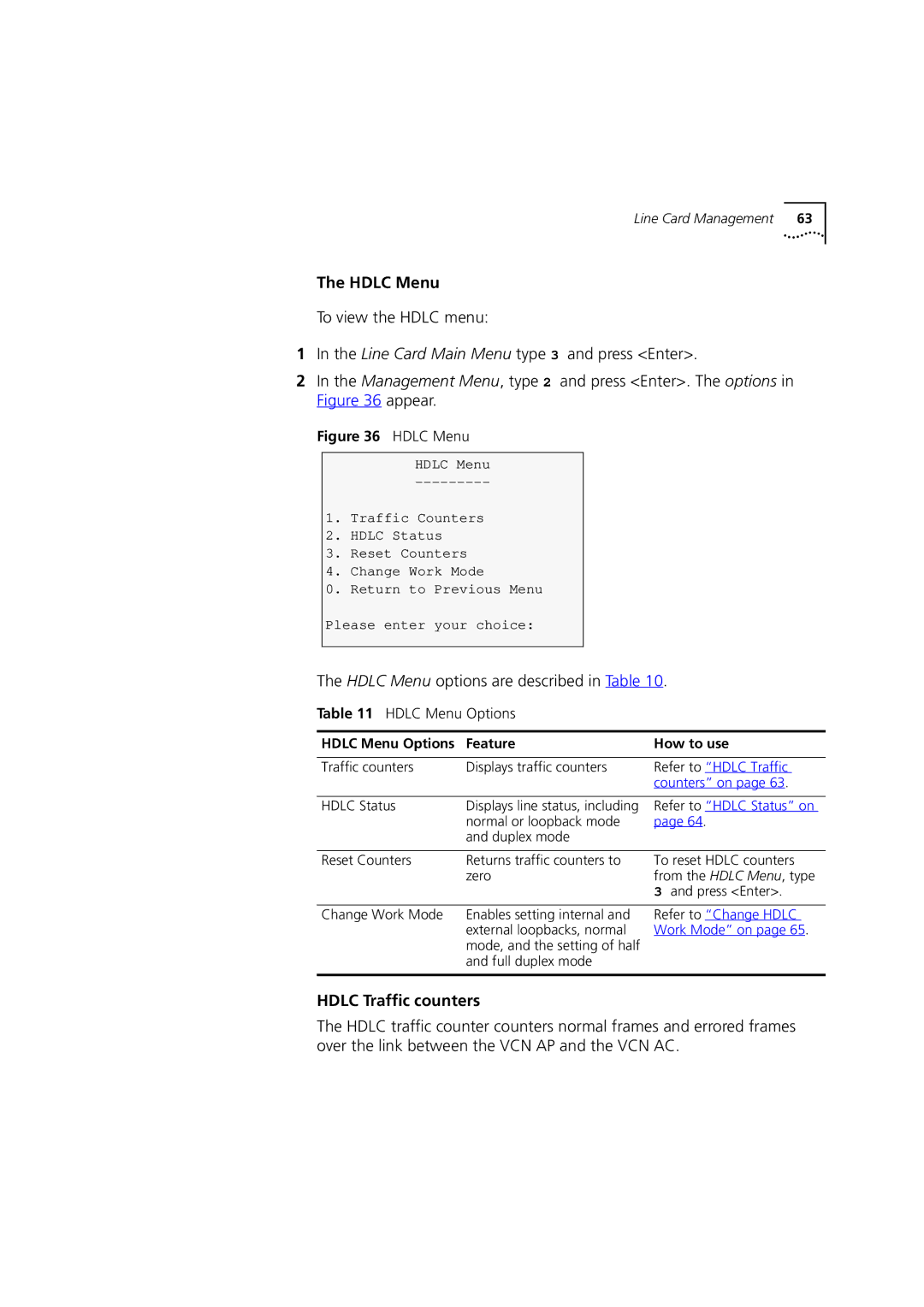 3Com DSA-3CV1100-02 service manual Hdlc Menu options are described in Table, Hdlc Traffic counters, Hdlc Menu Options 