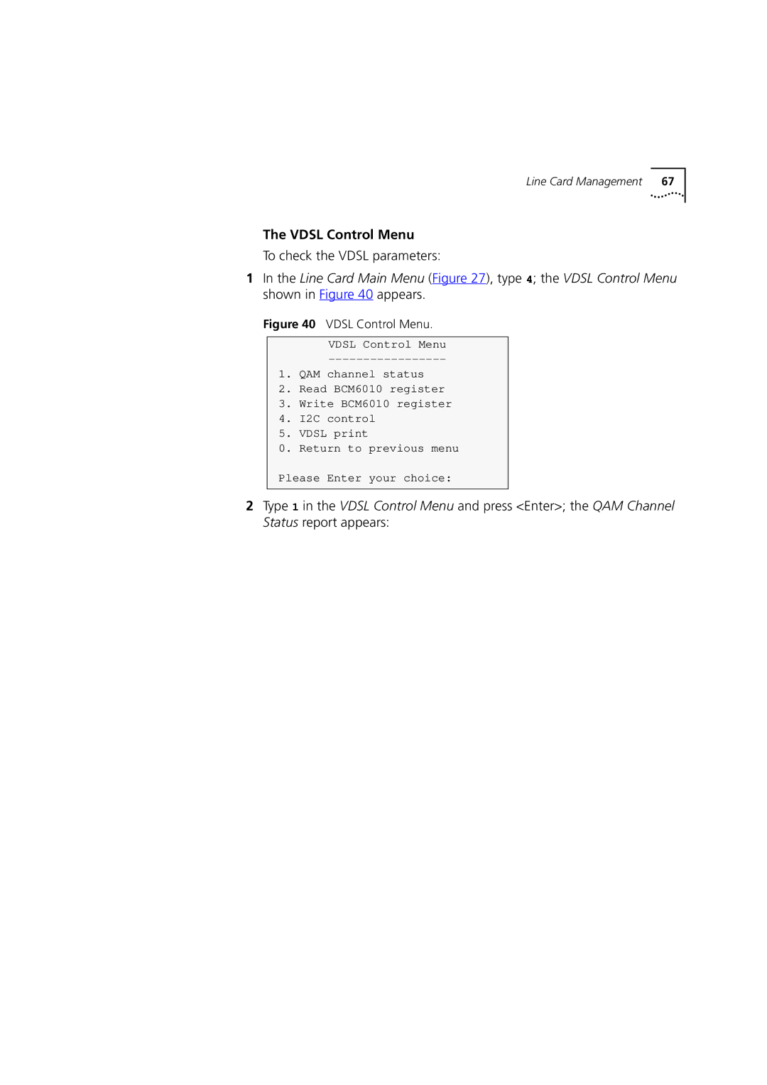 3Com DSA-3CV1100-02 service manual Vdsl Control Menu, To check the Vdsl parameters 