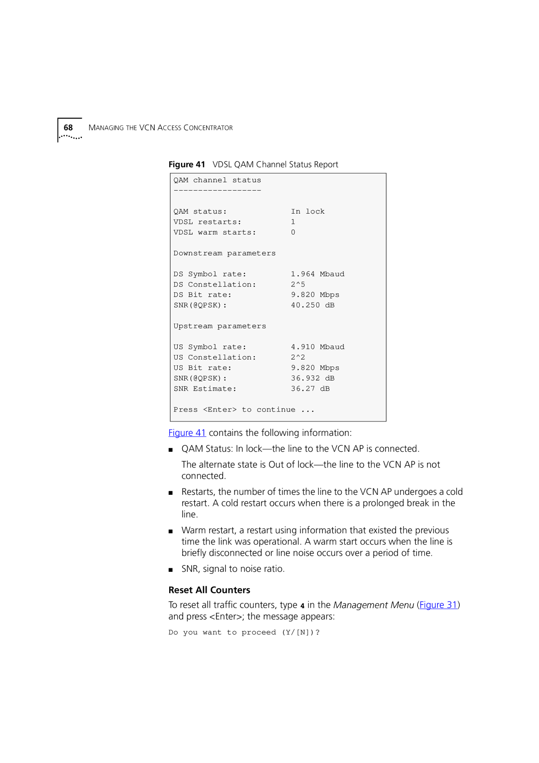 3Com DSA-3CV1100-02 service manual SNR, signal to noise ratio, Reset All Counters 