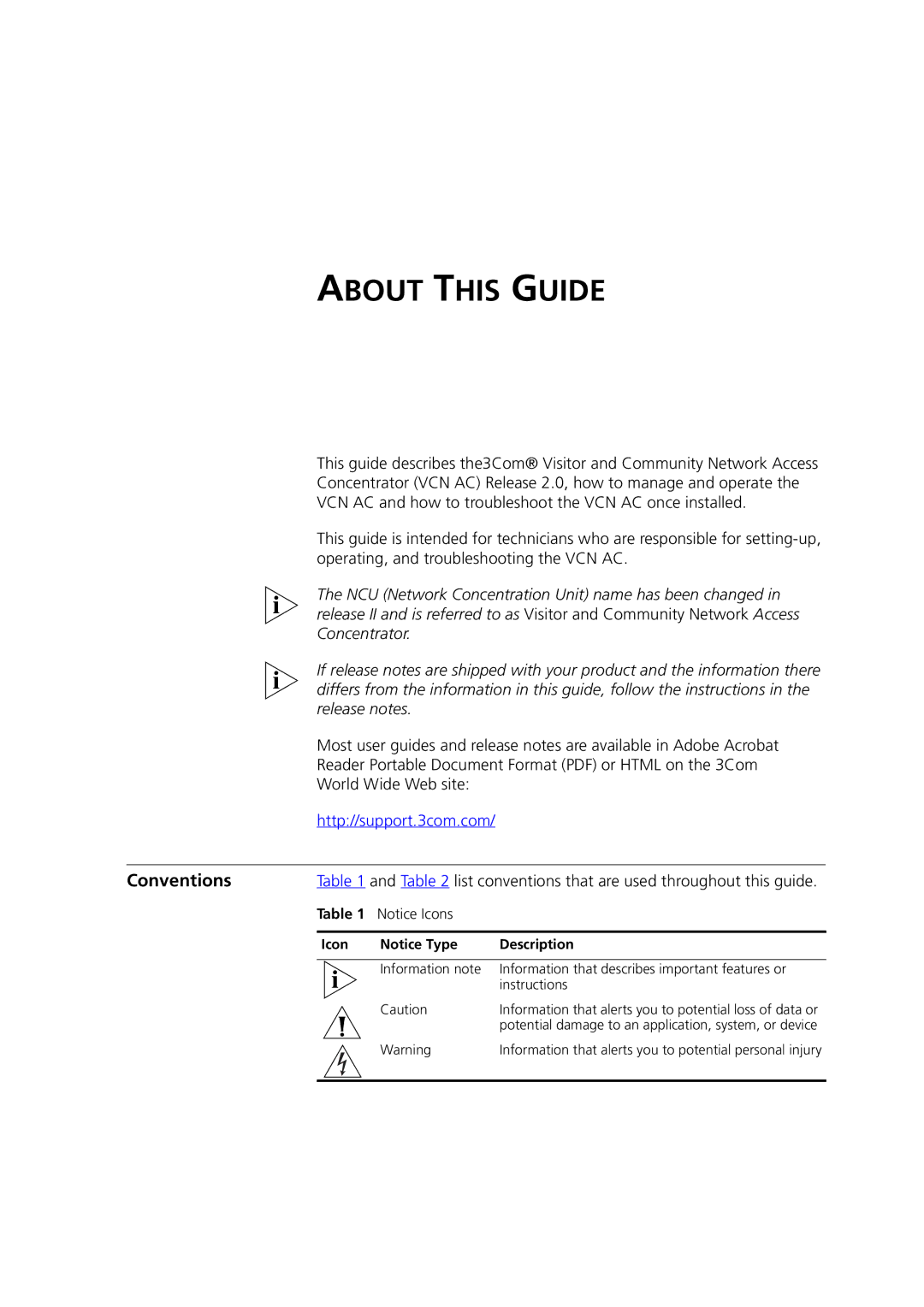 3Com DSA-3CV1100-02 service manual Conventions, List conventions that are used throughout this guide, Icon Description 