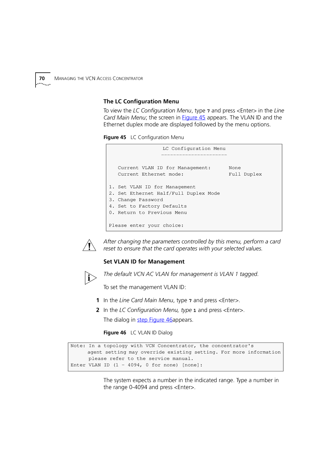 3Com DSA-3CV1100-02 service manual LC Configuration Menu, Set Vlan ID for Management 