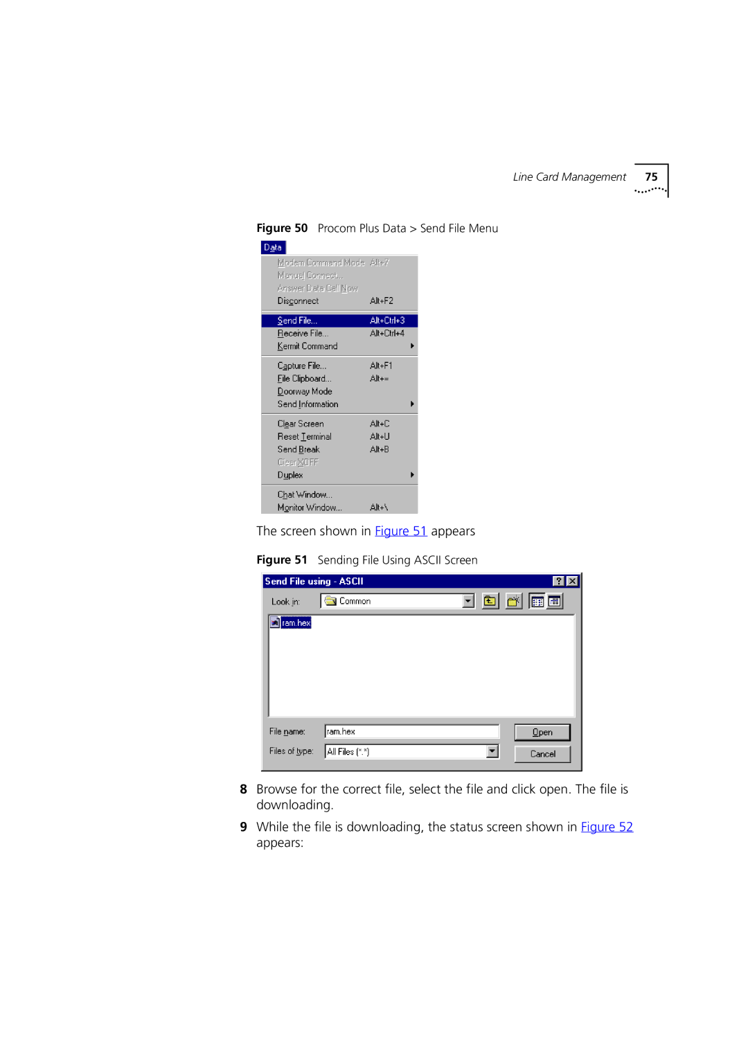 3Com DSA-3CV1100-02 service manual Procom Plus Data Send File Menu, Sending File Using Ascii Screen 