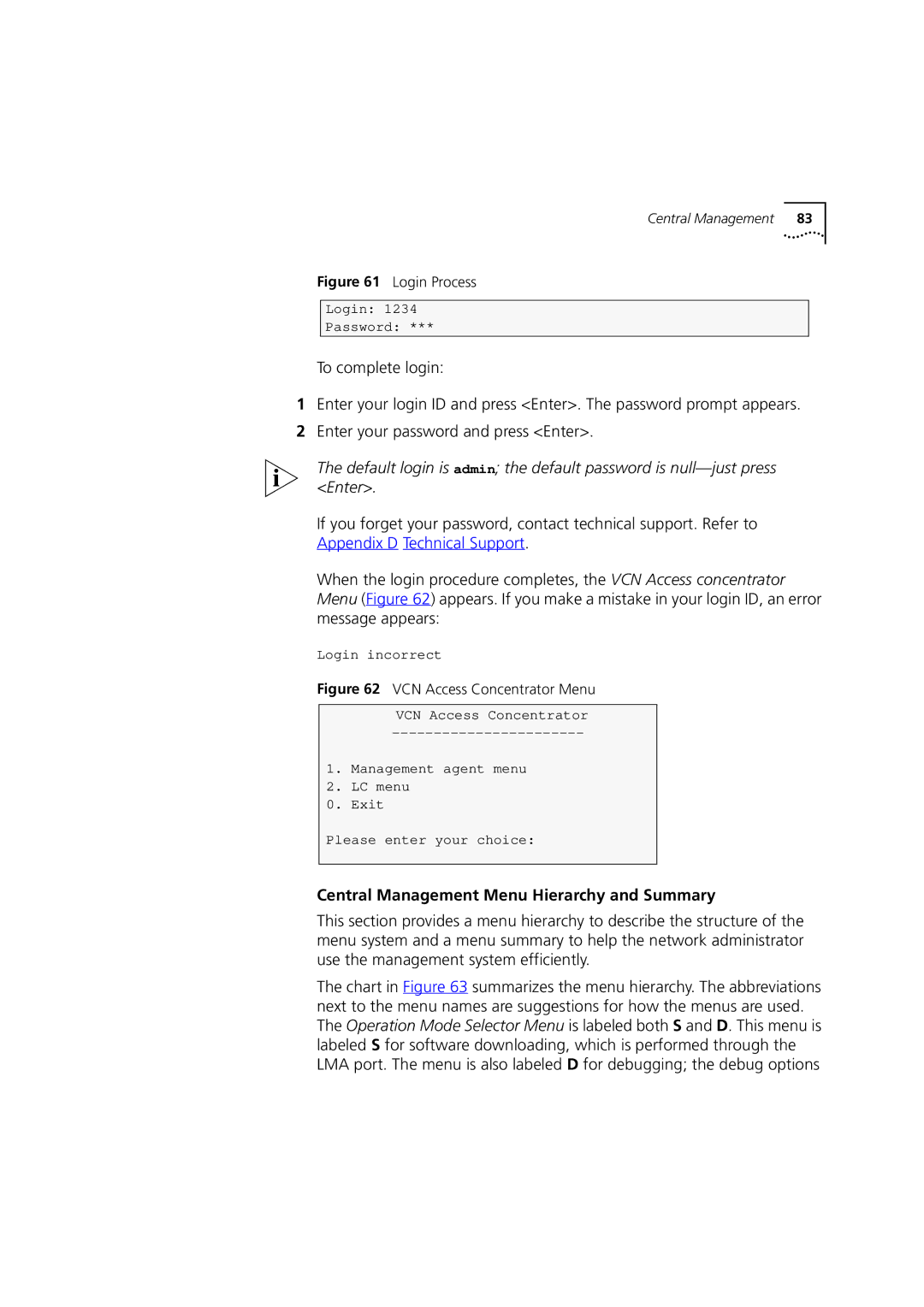 3Com DSA-3CV1100-02 service manual Central Management Menu Hierarchy and Summary, Login Process 