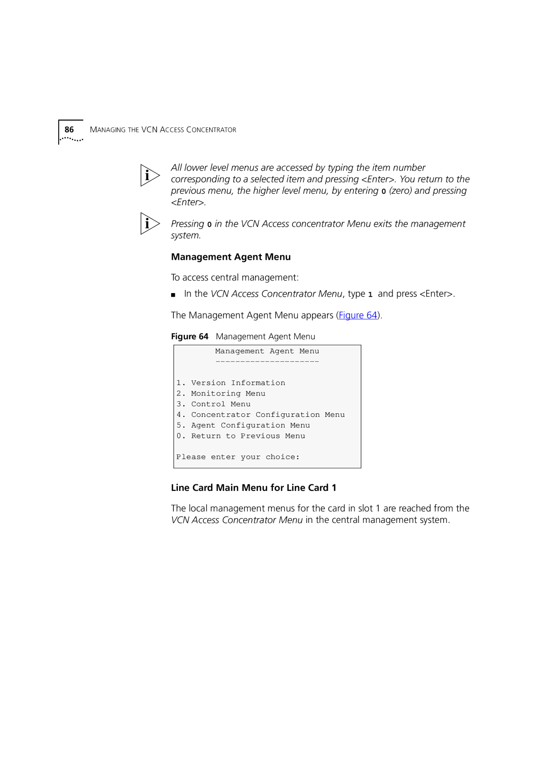 3Com DSA-3CV1100-02 service manual Management Agent Menu, To access central management, Line Card Main Menu for Line Card 