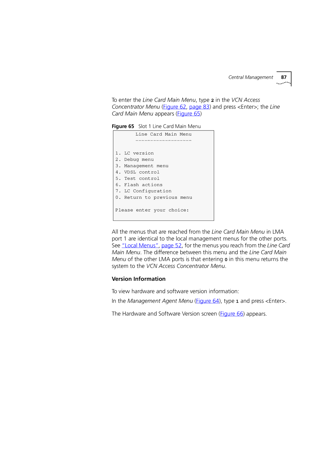 3Com DSA-3CV1100-02 service manual Version Information, Slot 1 Line Card Main Menu 