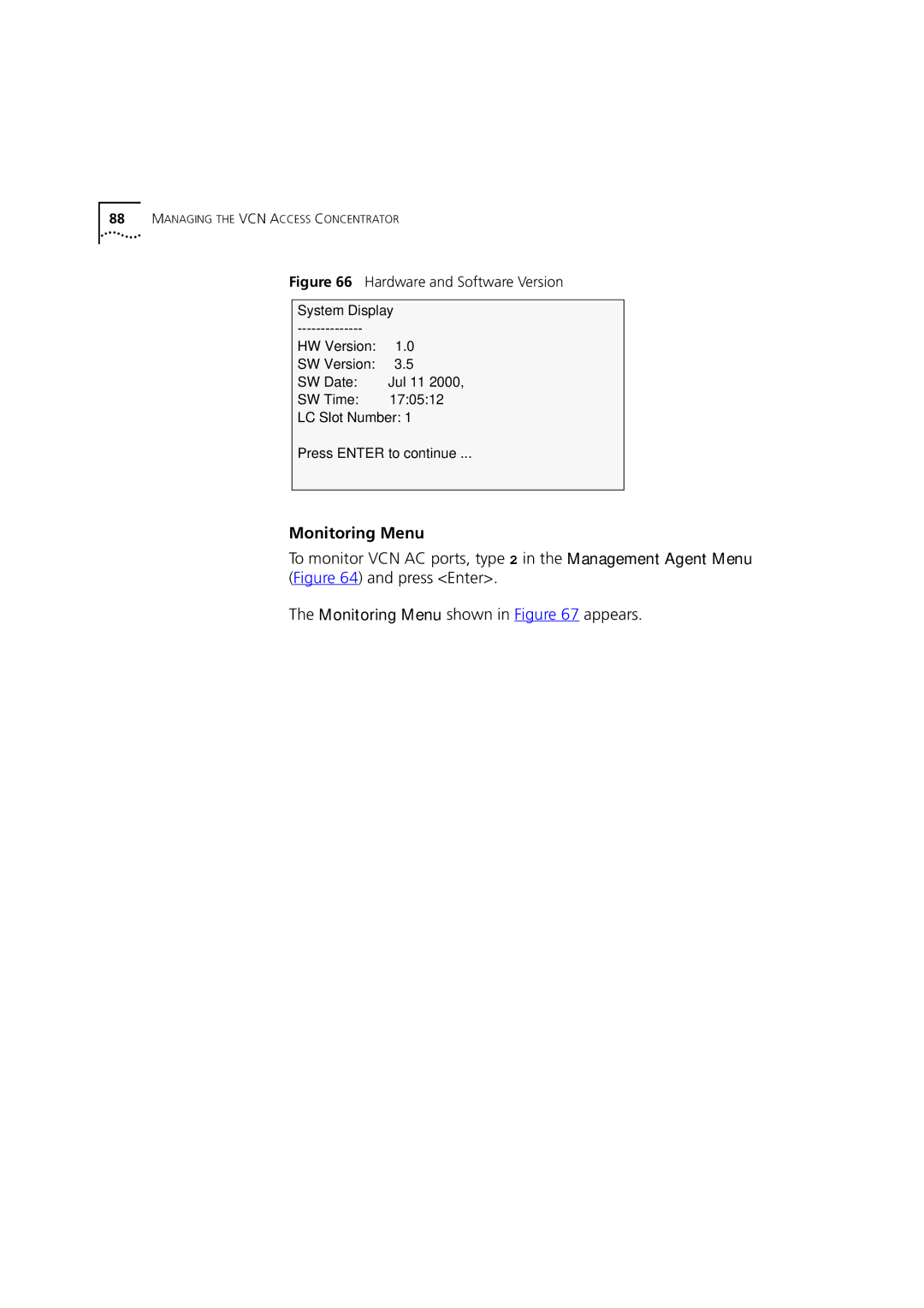 3Com DSA-3CV1100-02 service manual Monitoring Menu, Hardware and Software Version 