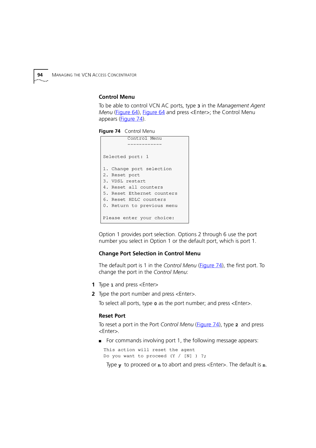 3Com DSA-3CV1100-02 service manual Change Port Selection in Control Menu, Reset Port 
