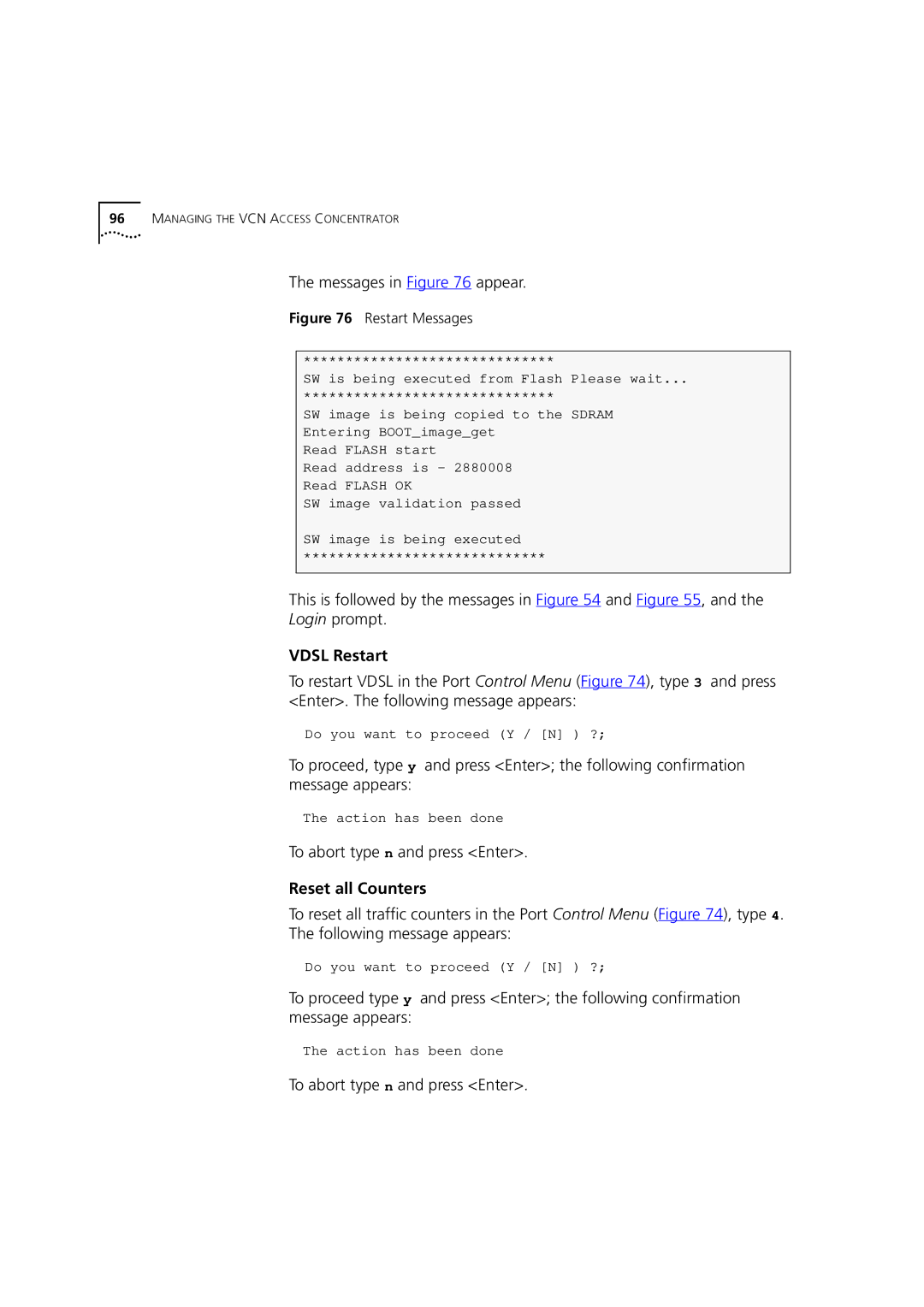 3Com DSA-3CV1100-02 service manual Messages in appear, This is followed by the messages in and , Login prompt, Vdsl Restart 