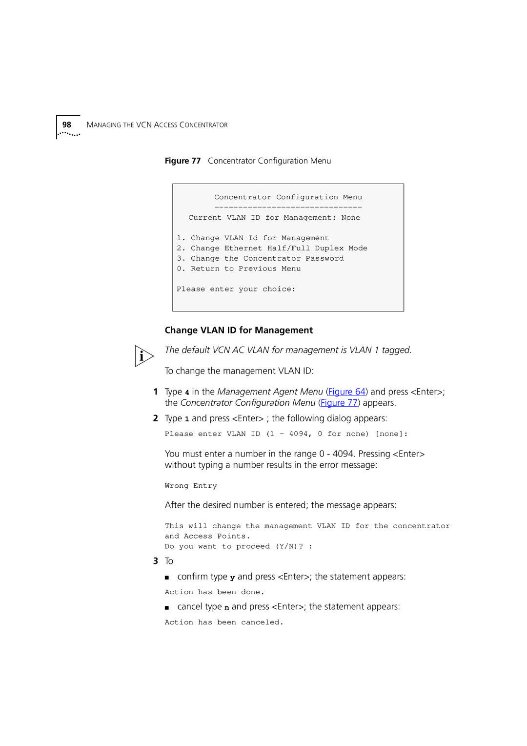 3Com DSA-3CV1100-02 service manual Change Vlan ID for Management 