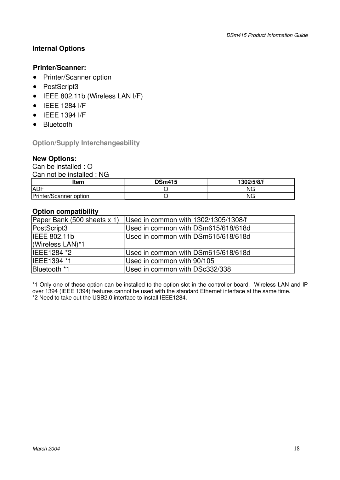 3Com DSm415 manual Internal Options Printer/Scanner, Option/Supply Interchangeability, New Options, Option compatibility 