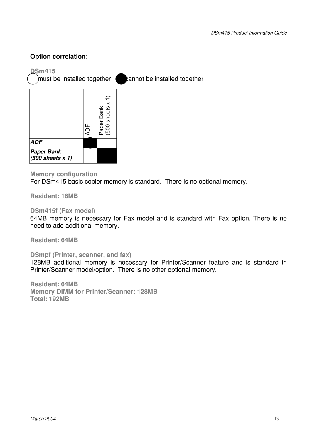 3Com manual Option correlation, Memory configuration, Resident 16MB DSm415f Fax model 