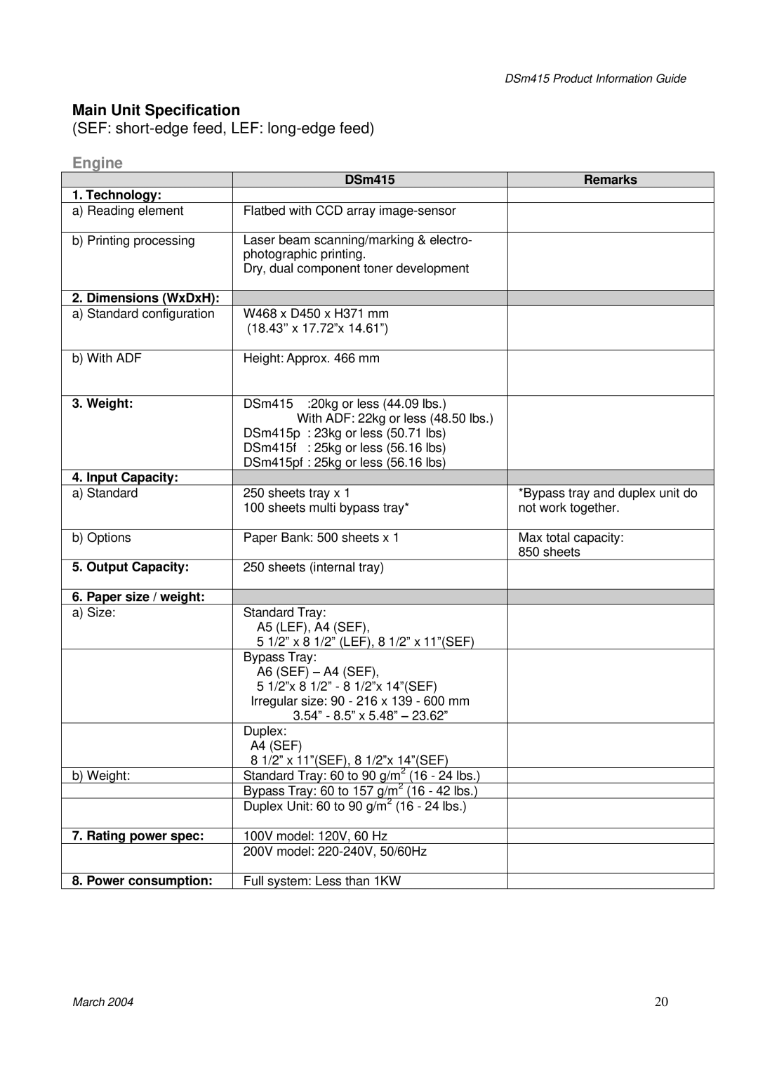 3Com DSm415 manual Main Unit Specification, Engine 