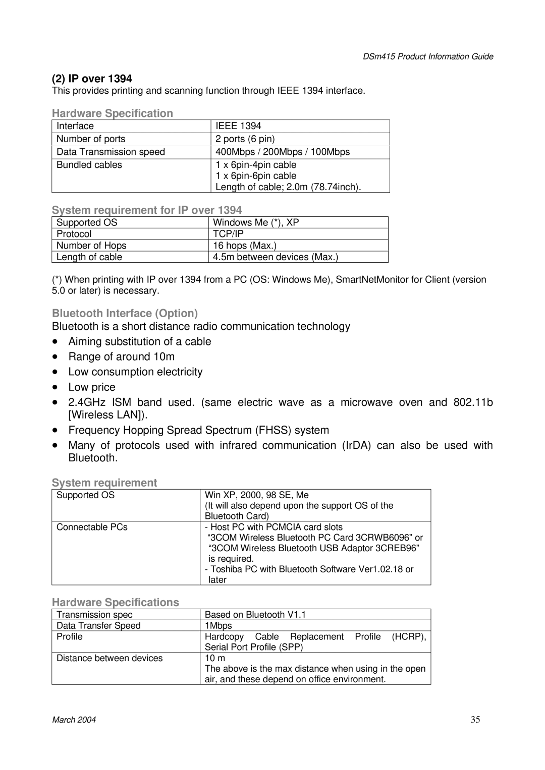 3Com DSm415 manual System requirement for IP over, Bluetooth Interface Option, Hardware Specifications 