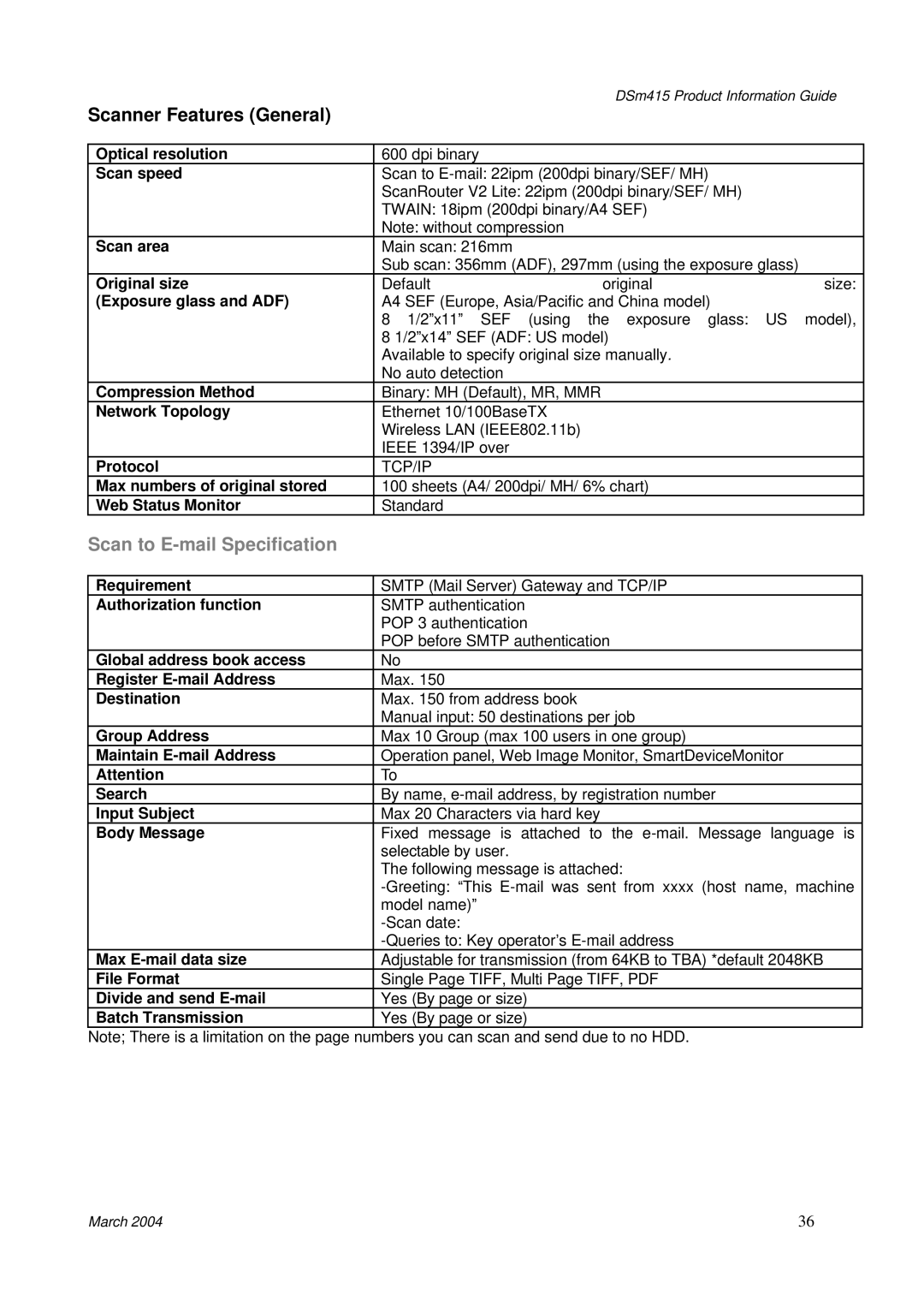 3Com DSm415 manual Scanner Features General, Scan to E-mail Specification 