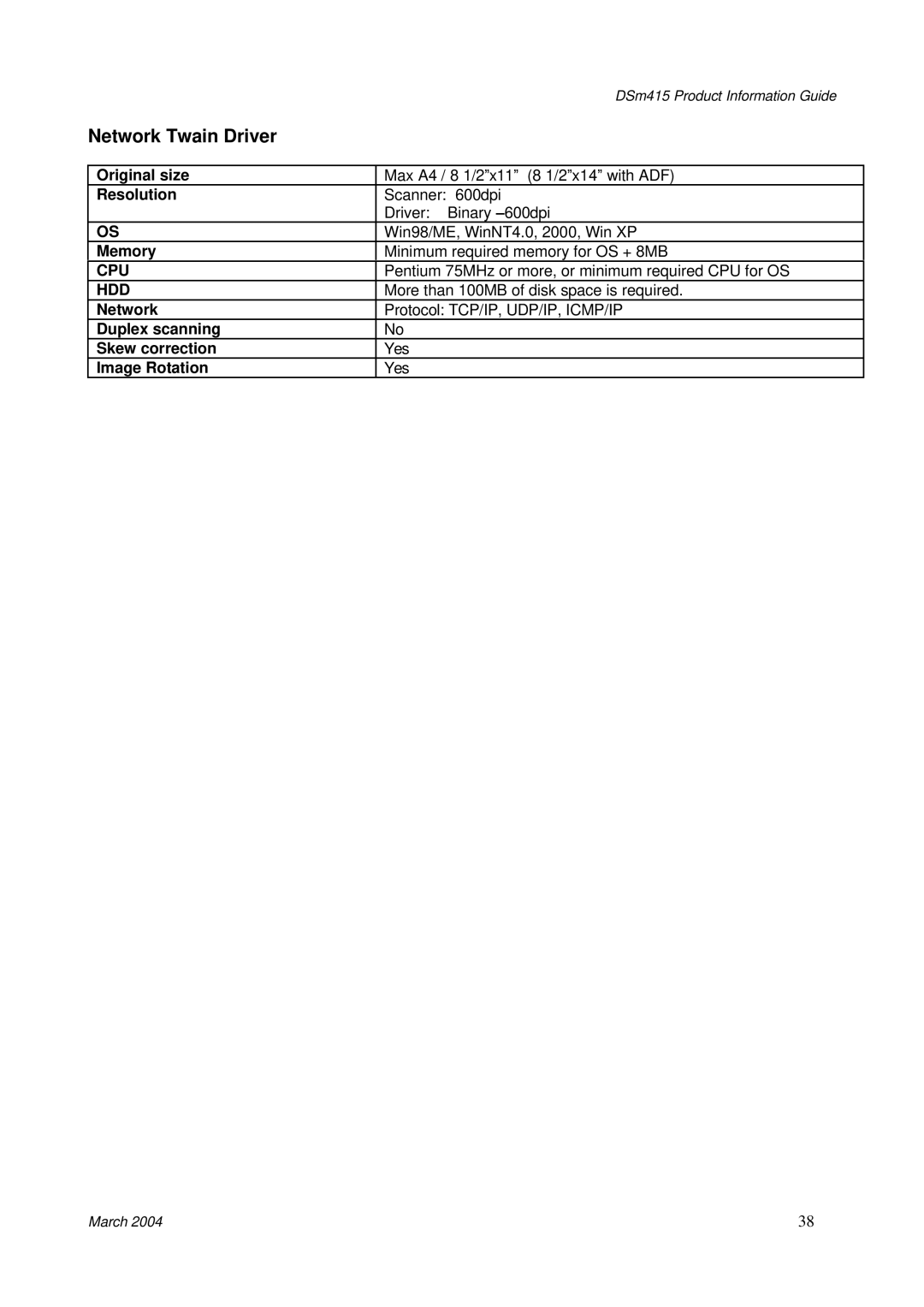 3Com DSm415 manual Network Twain Driver, Duplex scanning Skew correction 