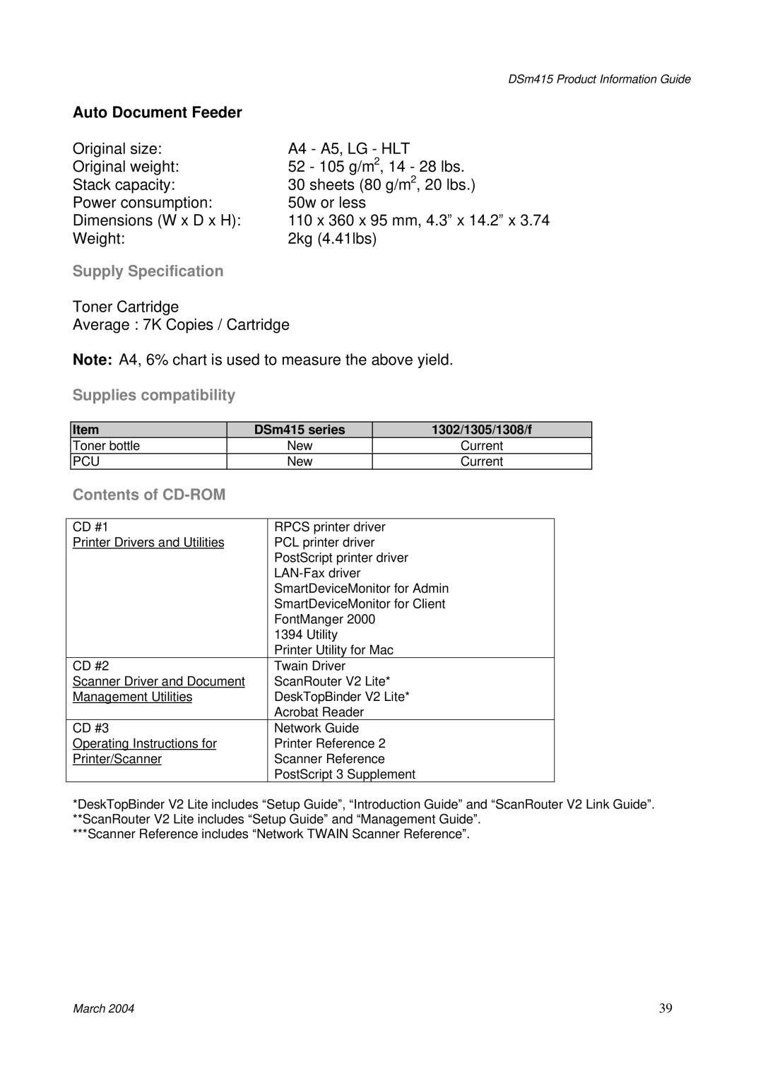 3Com DSm415 manual Supply Specification, Supplies compatibility, Contents of CD-ROM 