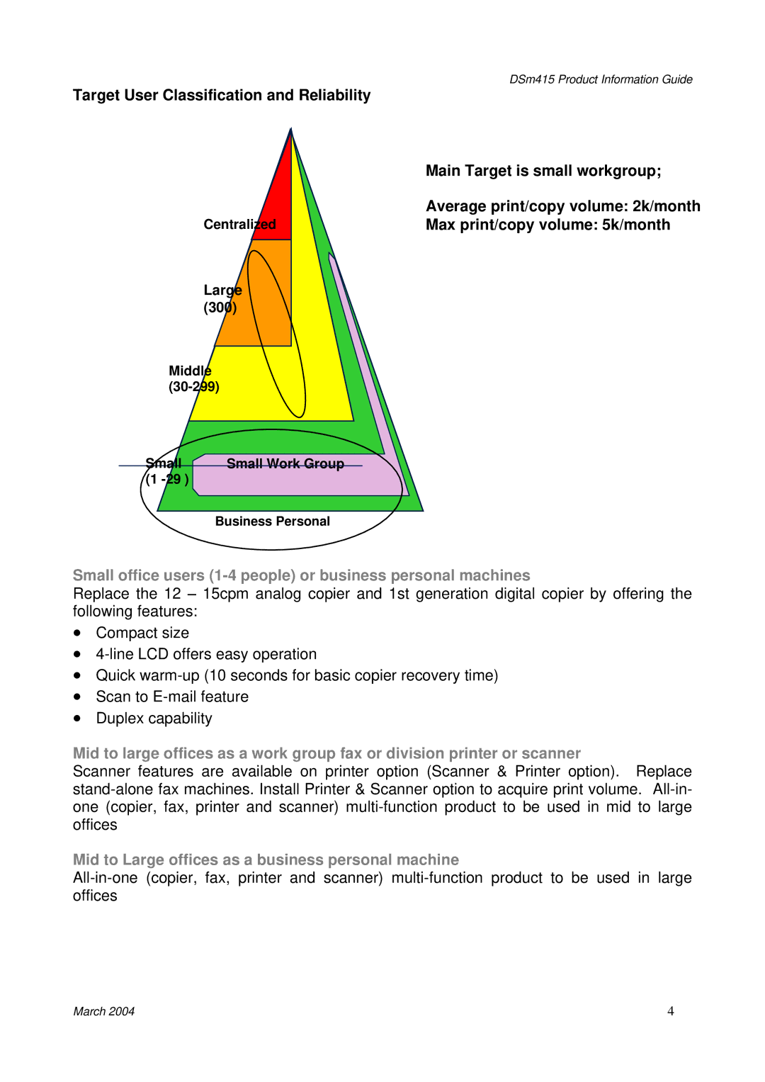 3Com DSm415 Max print/copy volume 5k/month, Small office users 1-4 people or business personal machines, Business Personal 