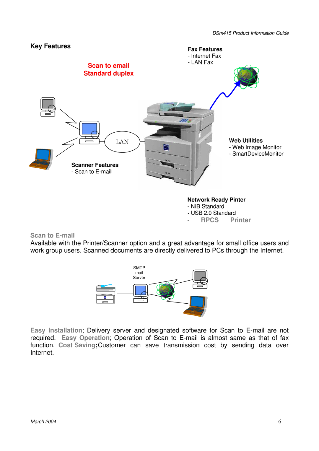 3Com DSm415 manual Key Features, Rpcs Printer Scan to E-mail, Fax Features, SmartDeviceMonitor 