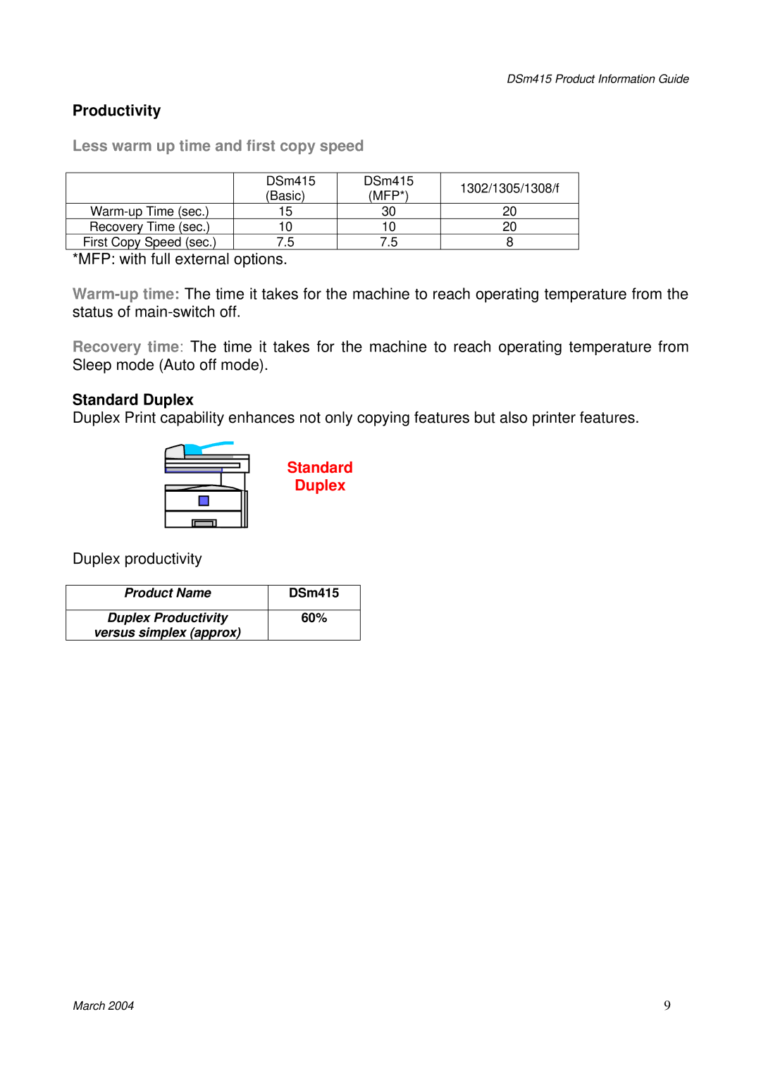 3Com DSm415 manual Productivity, Less warm up time and first copy speed, Standard Duplex 