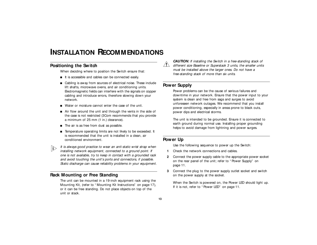 3Com 2816-SFP Plus (3C16485) manual Installation Recommendations, Positioning the Switch, Rack Mounting or Free Standing 