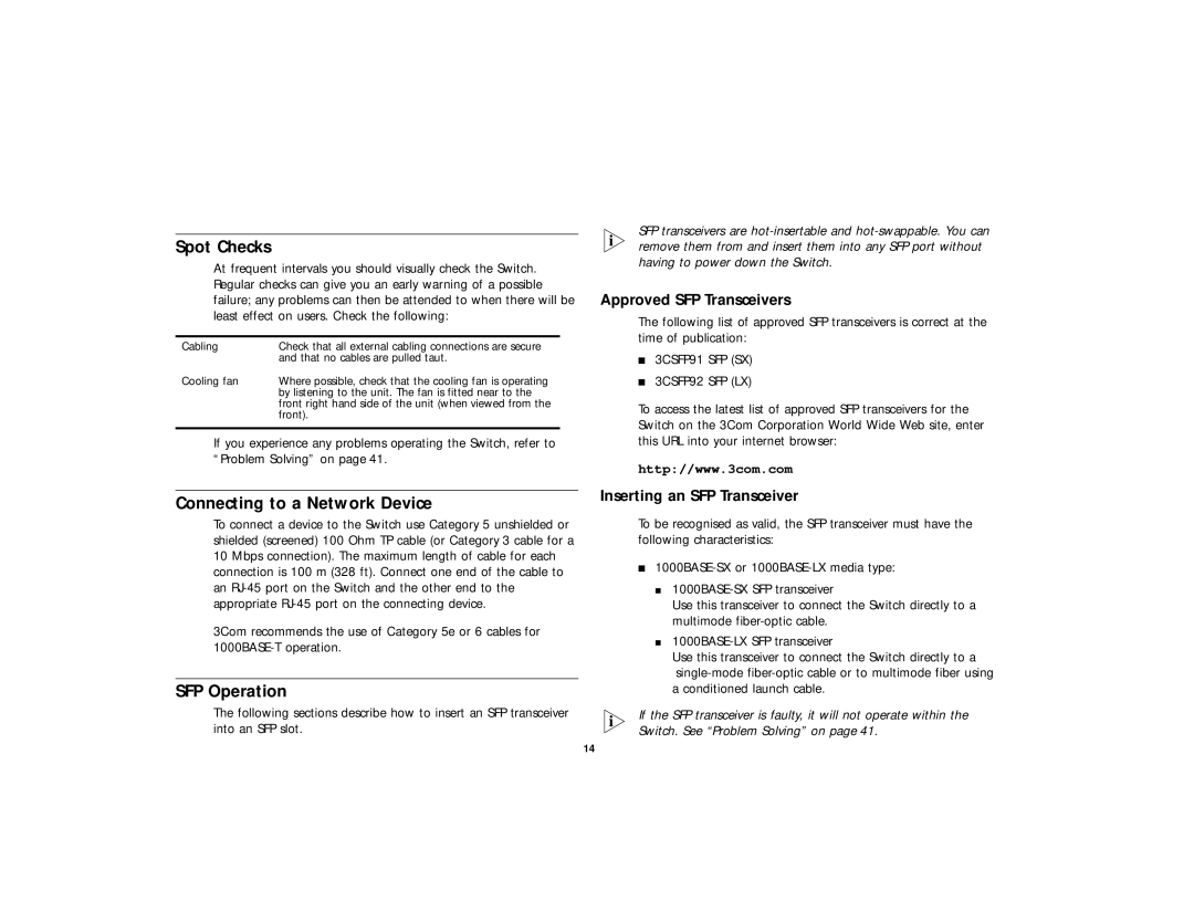 3Com DUA 1648-5AAA02 manual Spot Checks, Connecting to a Network Device, SFP Operation, Approved SFP Transceivers 