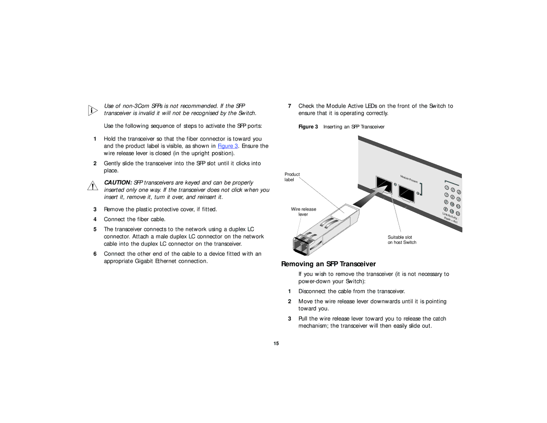 3Com 2816-SFP Plus (3C16485), DUA 1648-5AAA02 manual Removing an SFP Transceiver, Appropriate Gigabit Ethernet connection 