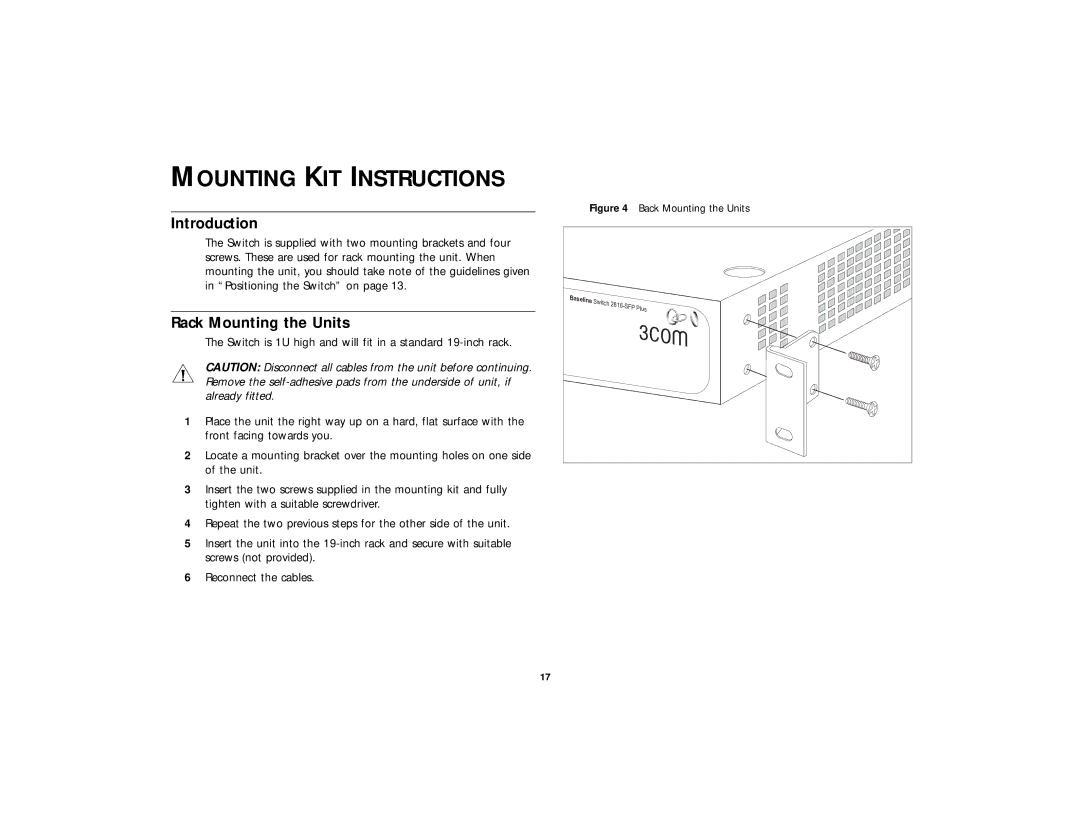 3Com 2816-SFP Plus (3C16485), DUA 1648-5AAA02 manual Mounting KIT Instructions, Introduction, Rack Mounting the Units 