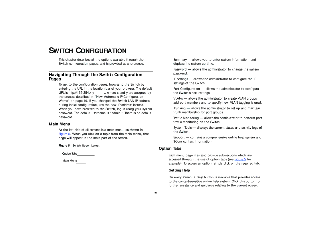 3Com 2816-SFP Plus (3C16485) manual Navigating Through the Switch Configuration Pages, Main Menu, Option Tabs 