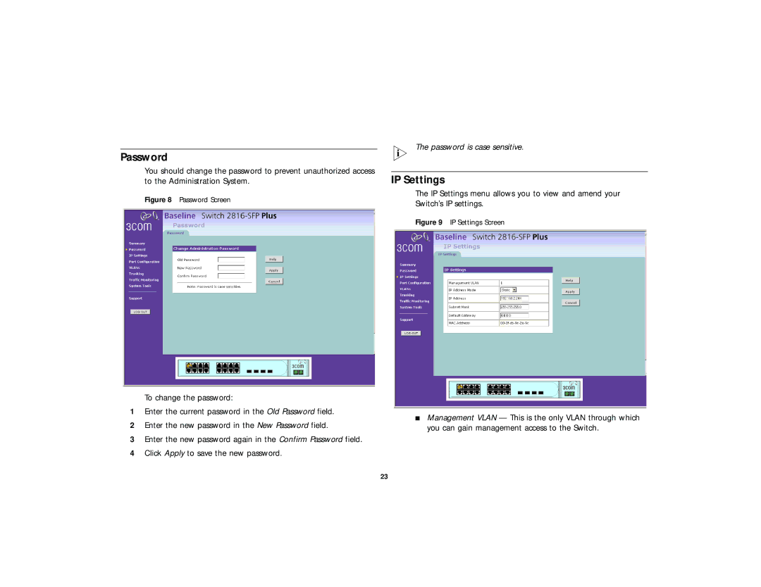 3Com 2816-SFP Plus (3C16485), DUA 1648-5AAA02 manual Password, IP Settings 