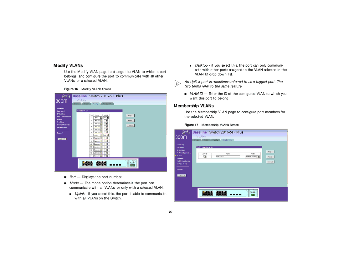 3Com 2816-SFP Plus (3C16485), DUA 1648-5AAA02 manual Modify VLANs, Membership VLANs 