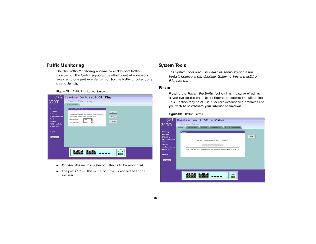 3Com DUA 1648-5AAA02, 2816-SFP Plus (3C16485) manual Traffic Monitoring, System Tools, Restart 