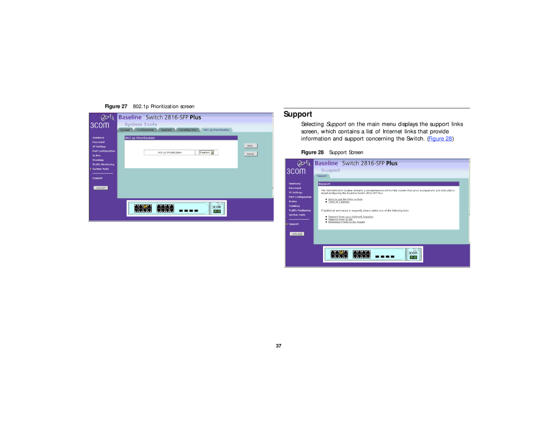 3Com 2816-SFP Plus (3C16485), DUA 1648-5AAA02 manual Support, 802.1p Prioritization screen 