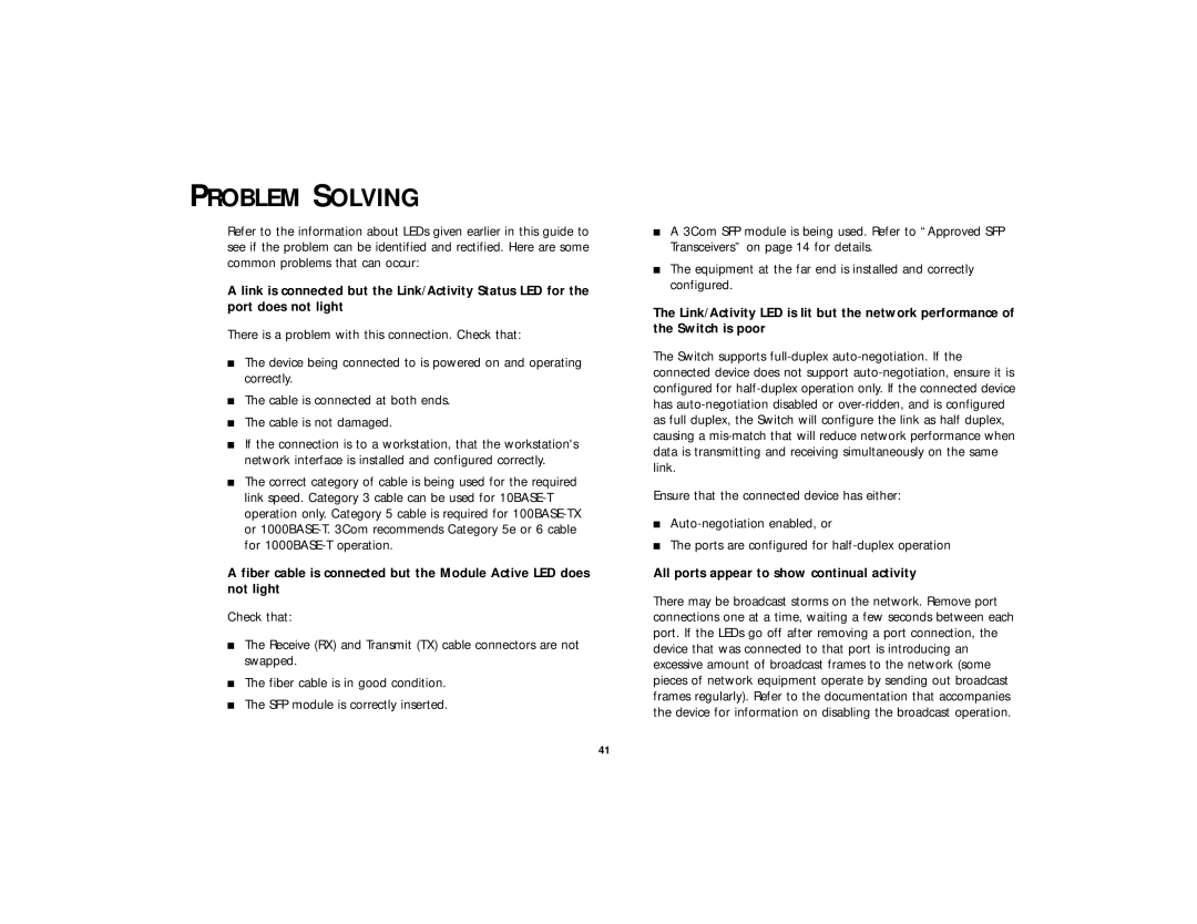 3Com 2816-SFP Plus (3C16485), DUA 1648-5AAA02 manual Problem Solving, All ports appear to show continual activity 