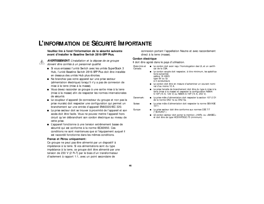 3Com DUA 1648-5AAA02 manual Linformation DE Sécurité Importante, France et Pérou uniquement, Cordon électrique 