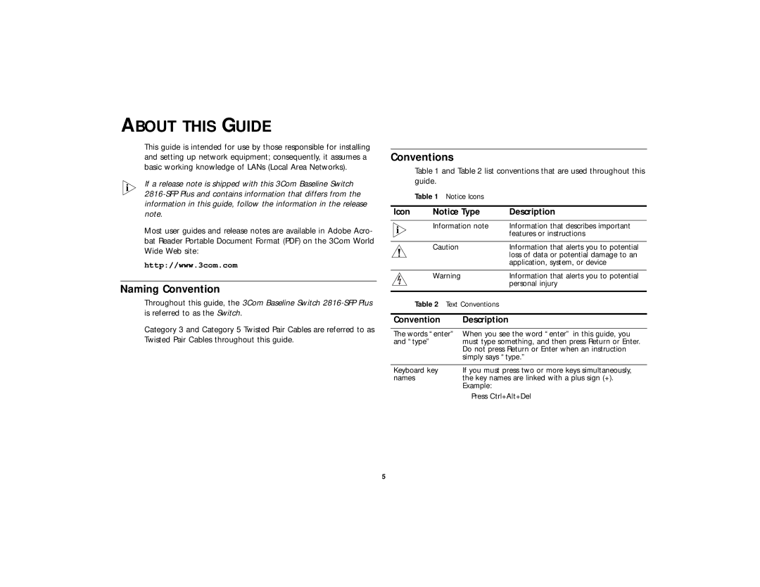 3Com 2816-SFP Plus (3C16485), DUA 1648-5AAA02 manual About this Guide, Naming Convention, Conventions 