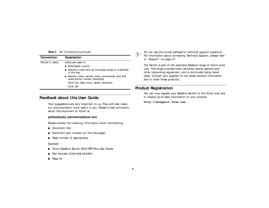 3Com DUA 1648-5AAA02 manual Feedback about this User Guide, Product Registration, Pddtechpubscomments@3com.com 