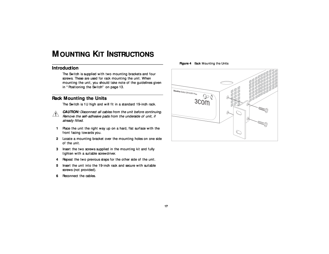 3Com 2816-SFP Plus (3C16485), DUA 1648-5AAA02 manual Mounting Kit Instructions, Introduction, Rack Mounting the Units 