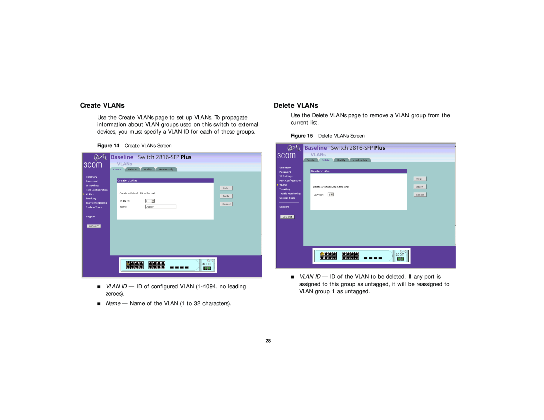 3Com DUA 1648-5AAA02, 2816-SFP Plus (3C16485) manual Create VLANs, Delete VLANs 
