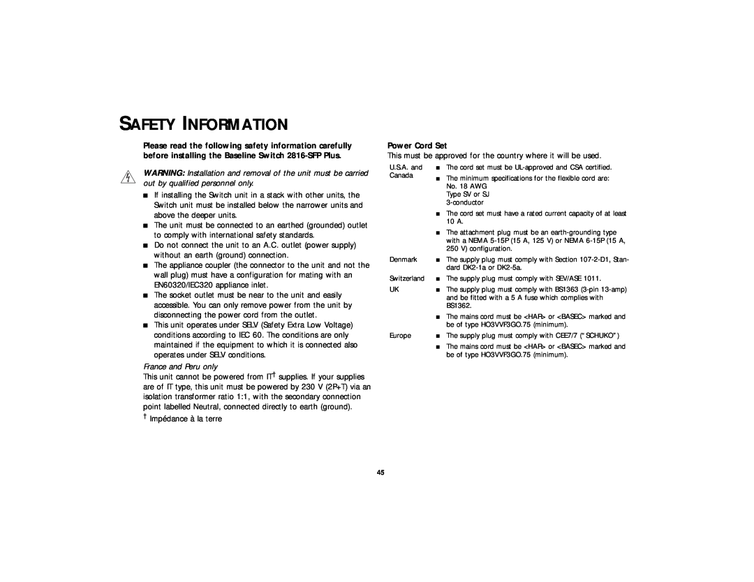 3Com 2816-SFP Plus (3C16485), DUA 1648-5AAA02 manual Safety Information, Power Cord Set 