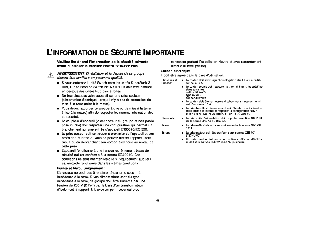 3Com DUA 1648-5AAA02 manual Linformation De Sécurité Importante, France et Pérou uniquement, Cordon électrique 