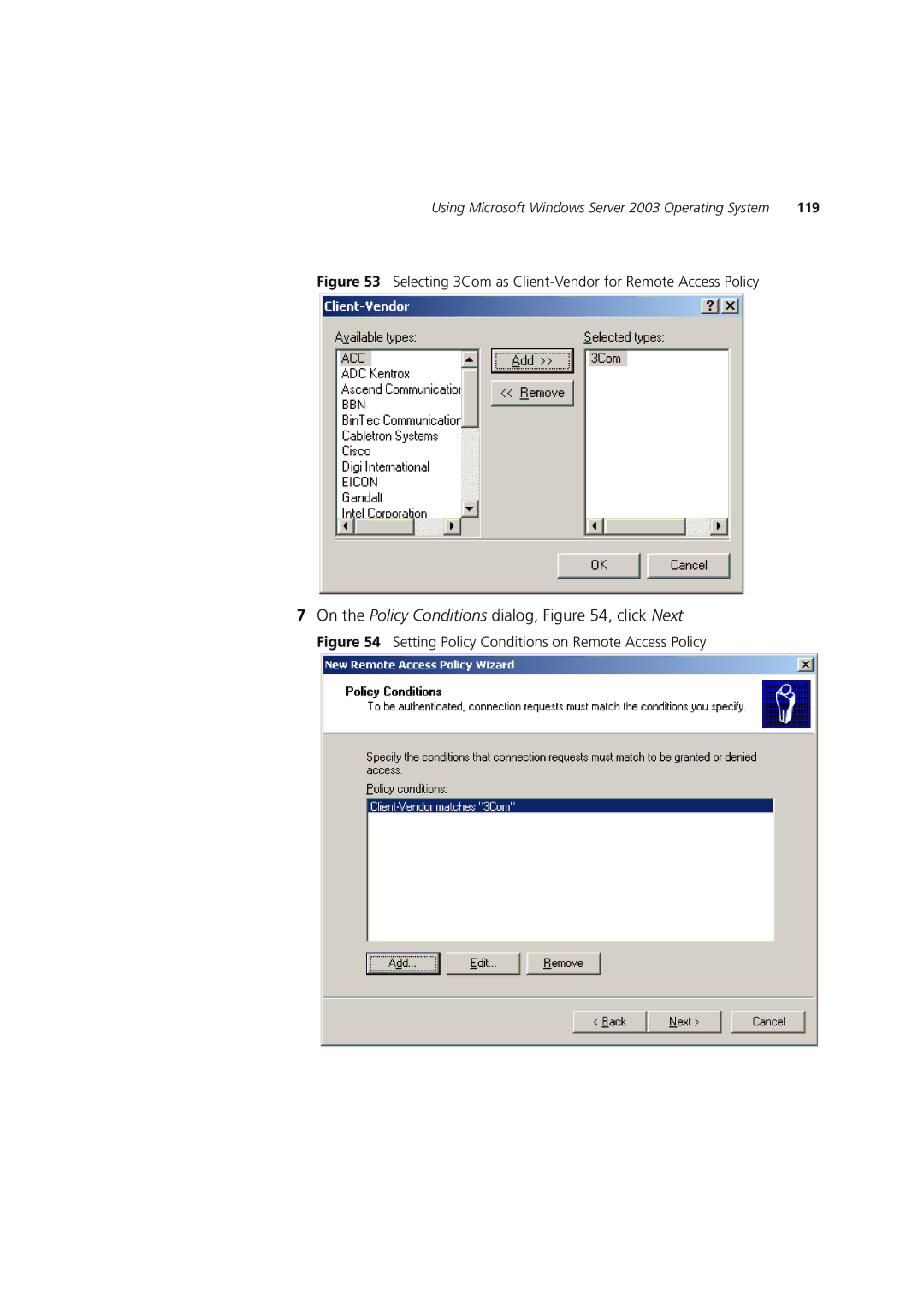 3Com DUA1550-0AAA02 manual On the Policy Conditions dialog, , click Next 