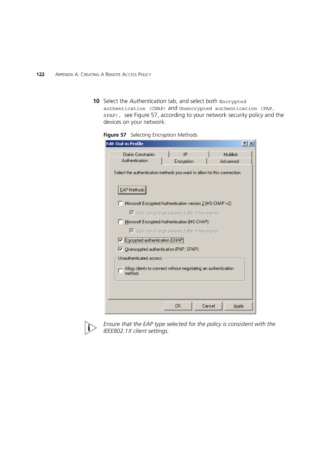 3Com DUA1550-0AAA02 manual Select the Authentication tab, and select both Encrypted 