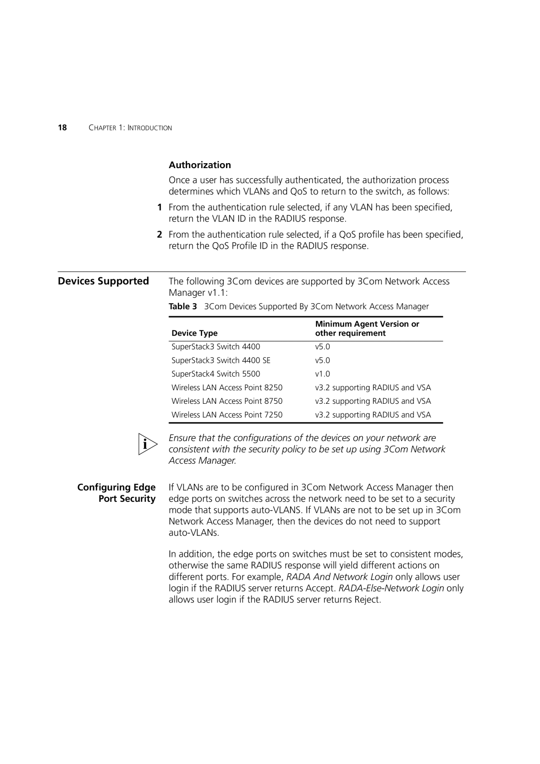 3Com DUA1550-0AAA02 manual Authorization, Device Type Minimum Agent Version or Other requirement 