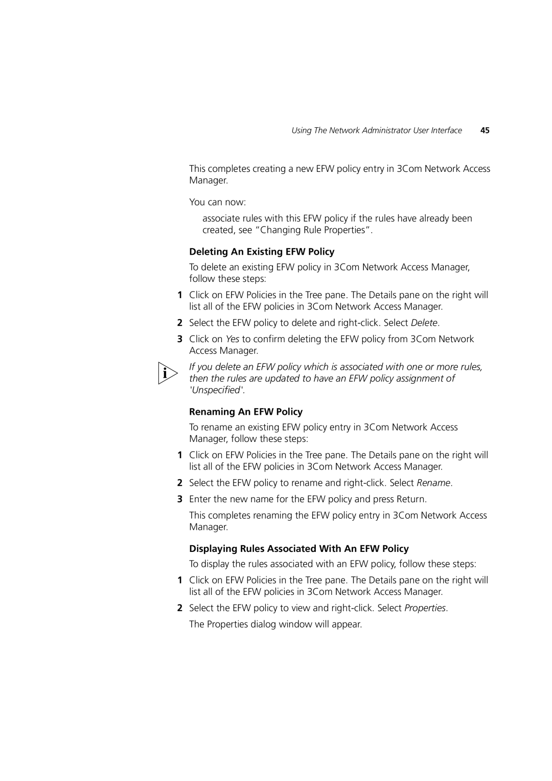 3Com DUA1550-0AAA02 manual Deleting An Existing EFW Policy, Renaming An EFW Policy 