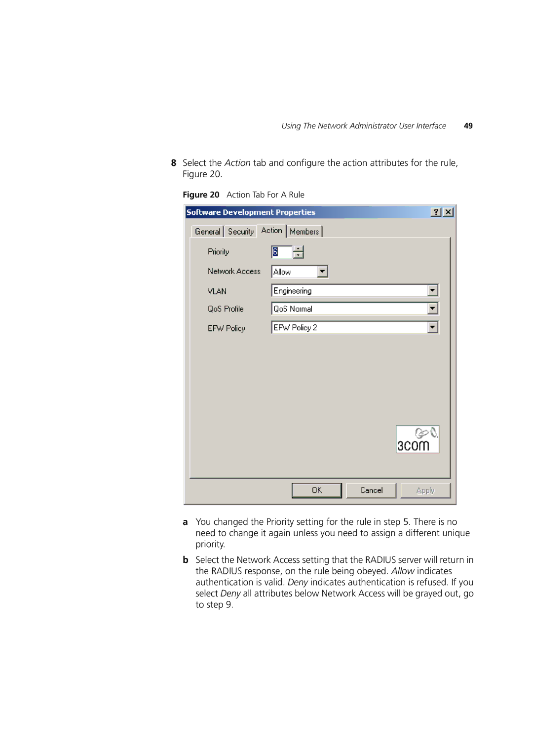 3Com DUA1550-0AAA02 manual Action Tab For a Rule 